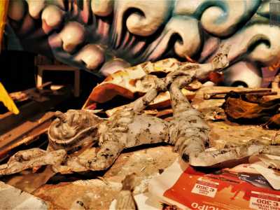 Nel frattempo �Farinella�, classica maschera del Carnevale, riposa sdraiato ai piedi del carro...